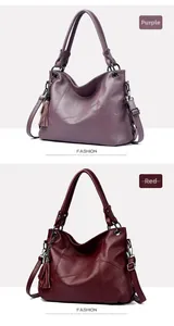Close-up of litchi texture PU tote bags in purple and deep red with tassel charms