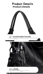 Detail of comfortable double handles and leather tassel charm on black tote bag