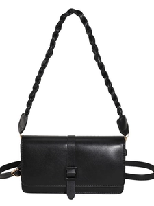 Classic black minimalist square crossbody bag with woven strap and smooth PU leather finish