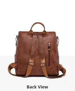 Back view of brown PU leather anti-theft backpack showing straps and zipper pocket