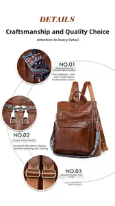 Detail of brown PU leather backpack with bohemian strap, smooth zipper and adjustable buckle