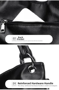 Detail of black pebbled leather tote with rear zipper pocket and silver metal rings