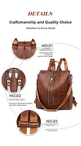 Brown leather backpack details showing headphone port, smooth zipper and adjustable straps