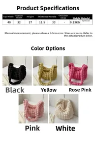 Detailed size chart and multi-color options for the ruched cloud texture tote bag