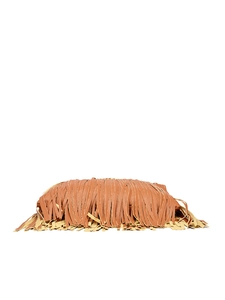 Detailed close-up of brown lychee leather handbag with layered long fringe tassels