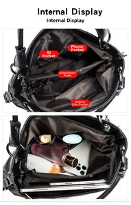 Internal view of a black tote bag showing organized pockets for tablets and cosmetics