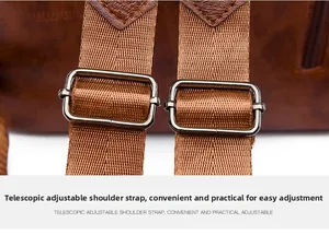 Detail of adjustable gunmetal buckles and woven straps on brown leather backpack