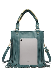 Dark cyan fringed handbag with litchi grain texture shown beside an iPad for scale