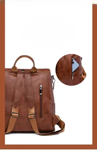 Brown vintage faux leather backpack featuring a secure hidden anti-theft back zipper pocket