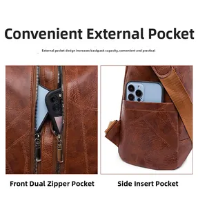 Detail of brown vintage leather backpack featuring front double zippers and side phone pocket