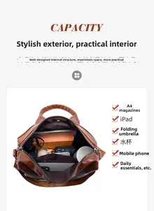Detail view of the brown lychee leather backpack showing large interior storage for iPad