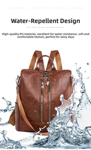 Macro shot of waterproof brown PU leather backpack with water splash effect detail