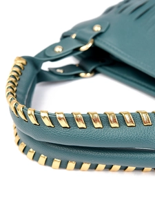 Detailed view of dark green leather handle with gold metallic wrap and ring connector