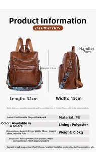 Brown vintage PU leather backpack with colorful ethnic strap and functional zipper pockets