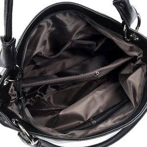 Top view of large black tote bag with litchi texture and organized internal compartments