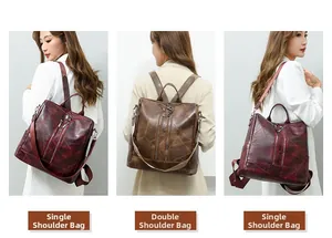 Detailed views of vintage geometric patterned backpack used as shoulder bag and rucksack