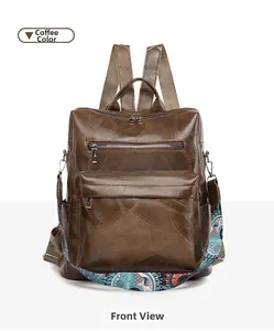 Front view of coffee brown vintage backpack with geometric stitching and ethnic strap