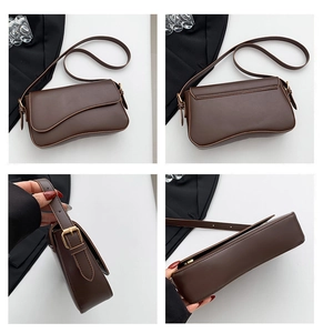Detail view of dark brown leather flap bag showing front, back, side and bottom angles