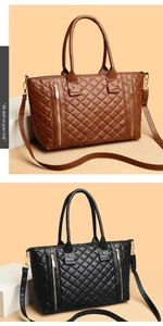 Détail de sacs cabas matelassés marron et noir avec fermetures éclair dorées et sangle