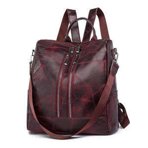 Women Anti-theft Backpack Retro PU Leather Multi-functional Shoulder Bag Geometric Patchwork Casual Daypack Splash-proof Handbag