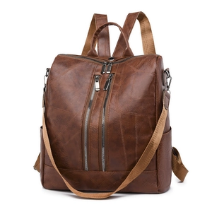 Brown faux leather anti-theft backpack for women with dual vertical zippers and soft texture