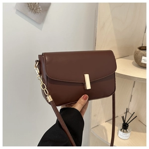 Detail of dark brown leather handbag featuring gold buckle and chain strap on shoulder