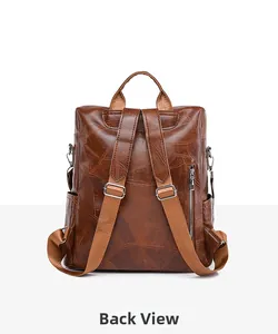 Detailed back view of a vintage brown leather backpack with adjustable straps and zipper pocket