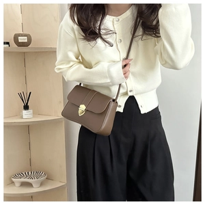 Detail of classic brown leather crossbody bag with elegant golden shield lock