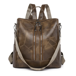 Vintage brown leather anti-theft backpack for women with geometric stitching and straps