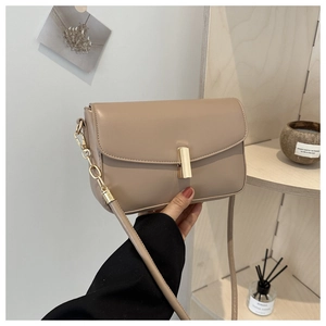 Close-up of beige crossbody bag with gold metal clasp and leather chain strap detail