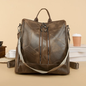 Vintage brown leather anti-theft backpack for women with multifunctional strap and pockets