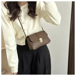 Classic dark brown vintage leather crossbody bag with elegant gold shield buckle