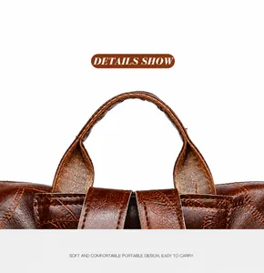 Detail of reinforced brown lychee pattern leather handle on large vintage backpack