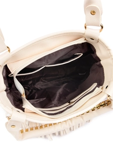 Detailed top view of spacious dark coffee interior lining with zipper pocket and golden studs