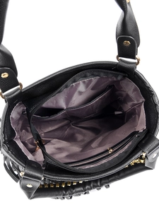 Interior view of black pebbled leather tote with lilac lining and multi-pocket organizer