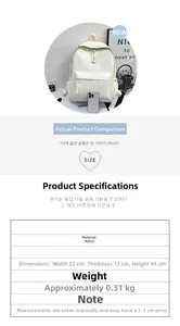 Detailed size specifications for the white nylon backpack showing 32x13x44cm dimensions
