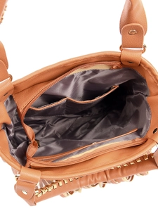 Internal view of brown leather bag showing grey lining, side pockets and zipper pocket