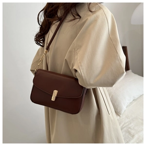Detail of dark brown leather underarm bag featuring a gold clasp and chain strap