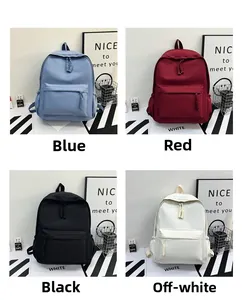 Four colors of nylon backpacks shown in a grid: blue, red, black, and beige