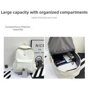 Detail view of large capacity white nylon backpack showing organized interior storage space