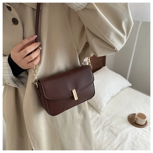 Detail of dark brown matte leather crossbody bag with elegant gold metal buckle on flap