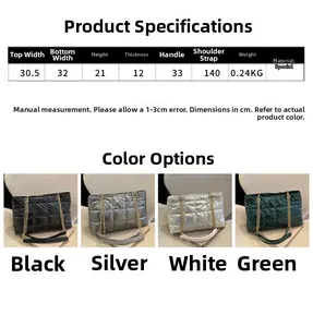 Tableau des tailles et sélection de couleurs pour le sac fourre-tout en nylon matelassé