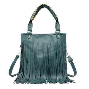 Dark green fringe handbag with chain handle and detachable strap in bohemian style