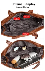 Affichage interne du sac cabas en cuir montrant de grands compartiments et des poches