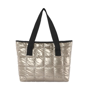 Large capacity silver quilted tote bag with black strap handles and metallic finish