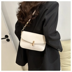Detail of off-white leather shoulder bag with gold metal clasp and chain strap