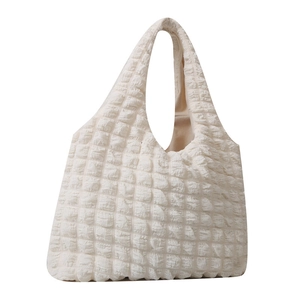 Minimalist cream bubble texture tote bag with pleated popcorn fabric and hobo handle