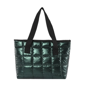 Dark green quilted tote bag with black strap handles and shiny padded nylon texture
