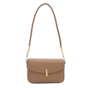 Minimalist beige shoulder bag with golden metallic clasp and smooth faux leather finish