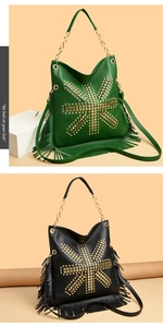 Detail of green and black fringe tote bags with gold studs and punk rock chain handles